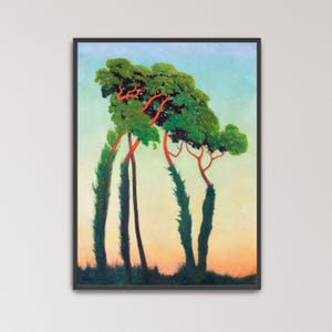 May include: A framed painting depicting several tall, slender trees with vibrant orange-red trunks and branches topped with dense, rounded green foliage. The background features a soft gradient sky transitioning from pale blue to a warm, sunset-like orange.