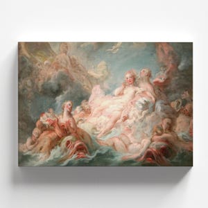 May include: A painting depicting a group of figures in a celestial setting. A woman in a white gown reclines on a cloud, surrounded by other figures. The scene is filled with soft, pastel colors and a sense of ethereal beauty.