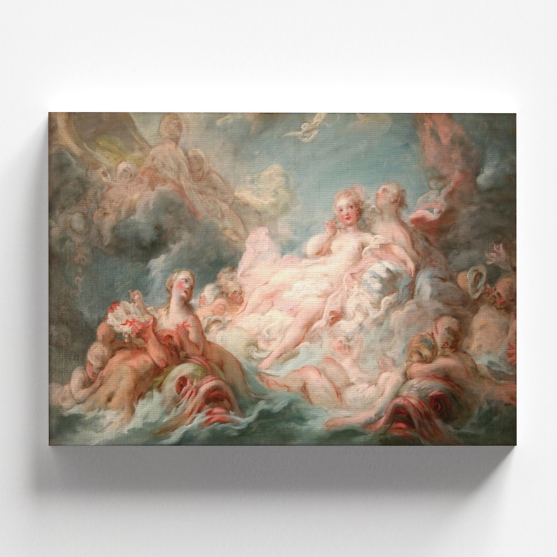 Puede incluir: Una pintura que representa a un grupo de figuras en un entorno celestial. Una mujer con un vestido blanco se recuesta en una nube, rodeada de otras figuras. La escena est&aacute; llena de colores suaves y pastel, y transmite una sensaci&oacute;n de belleza et&eacute;rea.