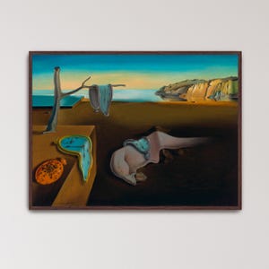 May include: Surrealist painting featuring a landscape with a blue sky and ocean. A tree, a table, and a melting clock are in the foreground. A second melting clock is draped over a form in the center. An orange object is on the table.