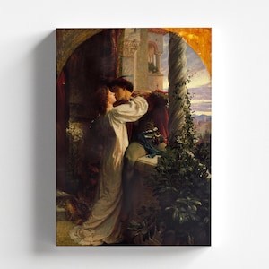 May include: A painting of a couple embracing on a balcony. The man is wearing a dark red and black outfit, while the woman is wearing a white dress. The balcony is decorated with greenery and flowers. The background is a cityscape with a sunset sky.