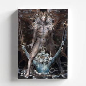 May include: A watercolor painting depicting a large, nude, winged figure with multiple heads and horns, standing on a multi-headed, blue-skinned creature in a dark, stormy sea.