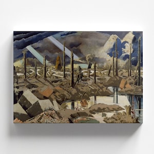 May include: A painting depicting a desolate battlefield landscape with a soldier walking through the trenches. The scene is dominated by a gray and brown color palette, with hints of blue and green. The sky is overcast with dark clouds, and the ground is littered with debris and craters. The soldier is silhouetted against the light, and their figure is almost lost in the vastness of the landscape.