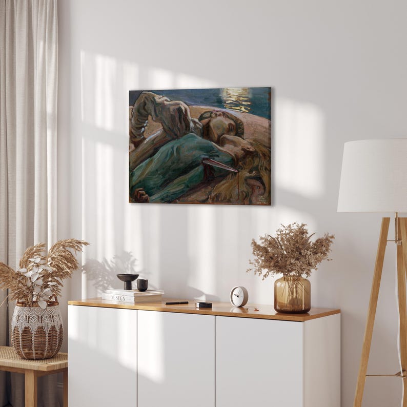 May include: A canvas print of a painting depicting three figures in muted tones. One figure is draped in a teal garment, while the others are in shades of beige and brown. The background suggests a nighttime scene with a body of water.