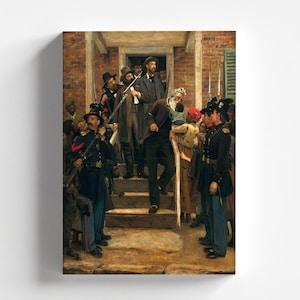 May include: A painting depicting a group of people, including soldiers, standing on a porch. The scene is set during the American Civil War. The painting is in a realistic style and features muted colors.