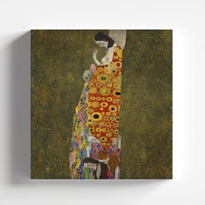 May include: A painting of a woman in a long, colorful dress with a pattern of circles and dots. The woman is standing with her head bowed, and her dress is flowing around her. The background is a dark green color.