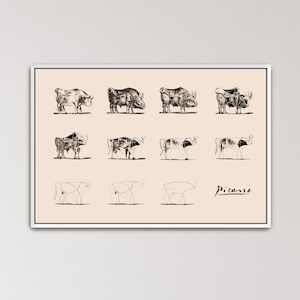 Picasso Bull Canvas Wall Art, Pablo Picasso Evolution of Bull Print, Abstract Animal Canvas Art, Modern Minimalist Wall Decor (A0085) White Frame