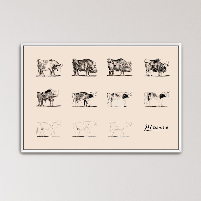 Picasso Bull Canvas Wall Art, Pablo Picasso Evolution of Bull Print, Abstract Animal Canvas Art, Modern Minimalist Wall Decor (A0085) White Frame
