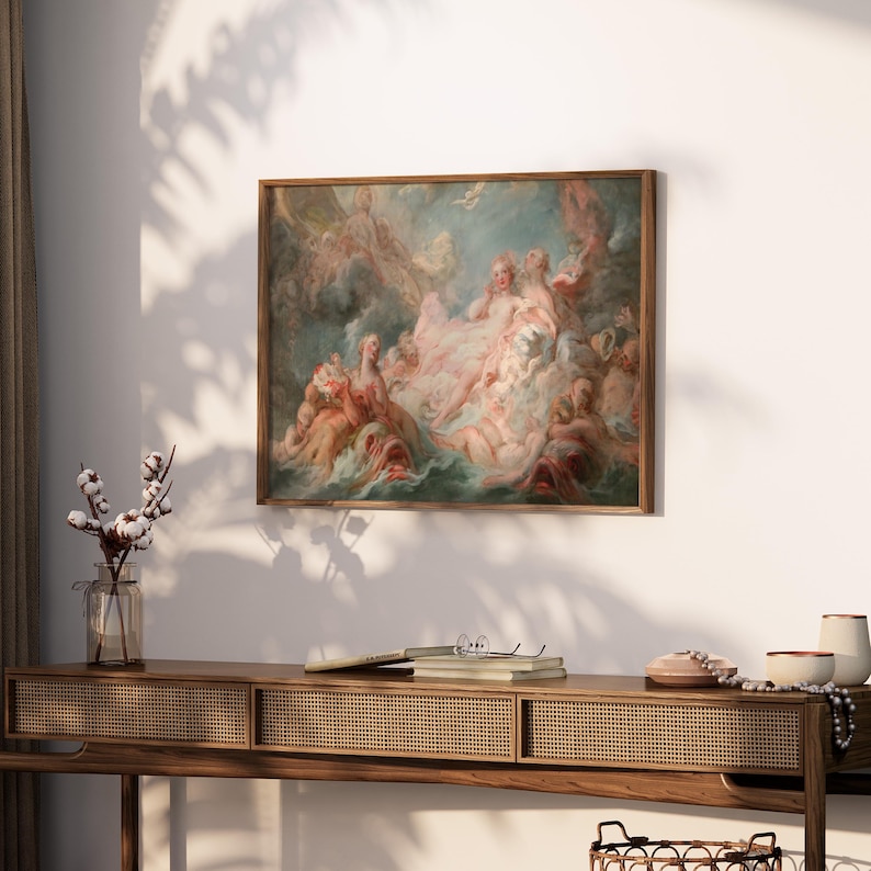 Puede incluir: Una pintura enmarcada que representa a un grupo de figuras en un entorno celestial. Las figuras est&aacute;n rodeadas de nubes y parecen flotar en el aire. La pintura est&aacute; realizada en una paleta de colores suaves y pastel y presenta un estilo delicado y et&eacute;reo.
