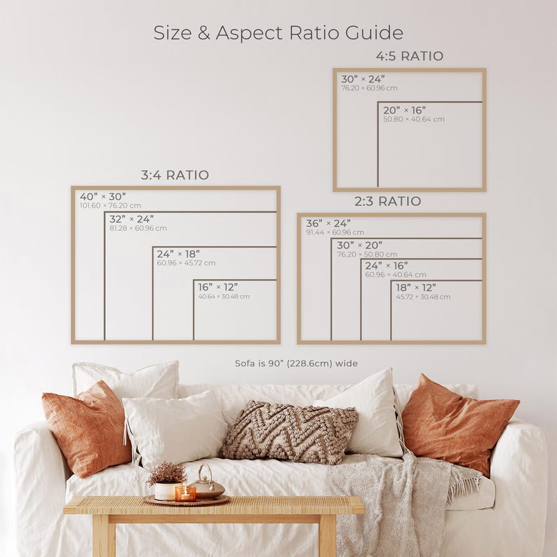 May include: A guide to size and aspect ratios for artwork, with examples of 4:5, 3:4, and 2:3 ratios. The guide includes measurements in inches and centimeters. A sofa, pillows, and a coffee table are in the foreground.