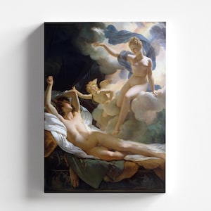 Peut inclure: Une peinture représentant une scène de la mythologie grecque. Une femme nue avec un tissu bleu flottant descend des nuages, tandis qu'un homme nu est allongé sur un lit, la regardant. Un chérubin vole derrière la femme.