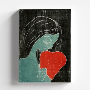 May include: A blue and red abstract print of a person holding a heart. The print is done in a woodcut style.