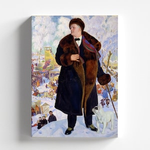 May include: A painting of a man in a fur-trimmed coat and hat, standing with a dog in a snowy scene. The man is wearing a dark coat with a fur collar and a hat with a fur brim. He is holding a cane in his right hand. The dog is a white terrier with black spots. The background is a snowy landscape with buildings and trees.