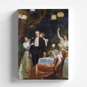 Pode incluir: Uma pintura de um grupo de pessoas reunidas em torno de uma mesa ao ar livre. As pessoas estão vestidas com trajes formais e desfrutando de uma refeição. A cena se passa em um jardim com árvores e lanternas ao fundo.