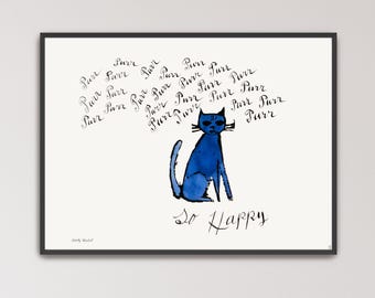So Happy by Andy Warhol Poster Print | Cat Art, Cat Wearing Hat (B0581)
