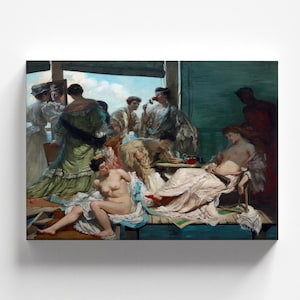 Könnte beinhalten: Ein Gemälde, das eine Gruppe von Menschen in einem Raum mit einem großen Fenster zeigt. Die Menschen sind in verschiedenen Kleidungsstilen gekleidet, einige sitzen, andere stehen. Das Gemälde ist in einem realistischen Stil gehalten und zeigt eine Vielzahl von Farben.