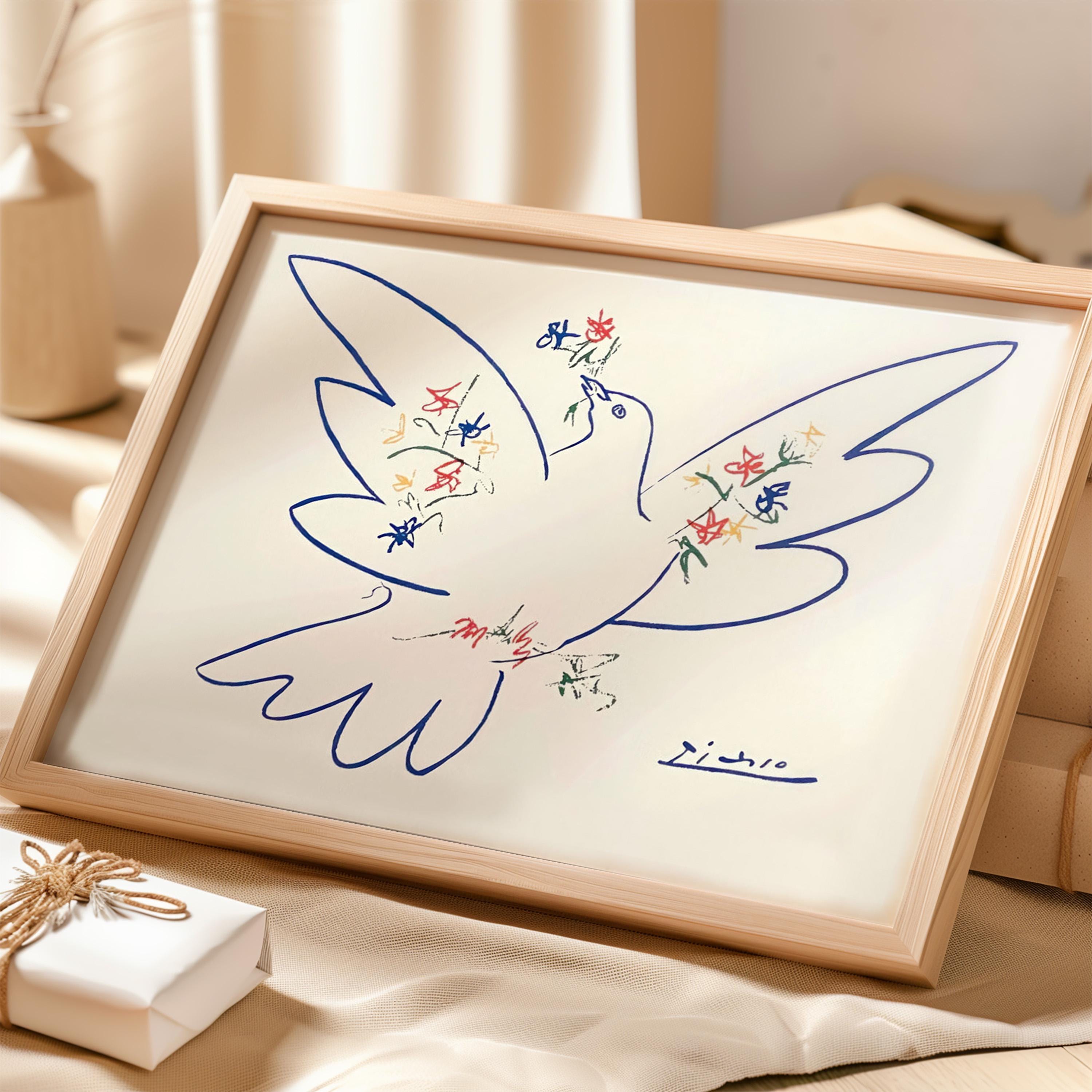 ピカソ 額装 「Blue dove with flowers」 Dove With Flower Branches (colombe Aux Rameaux De Fleurs) by