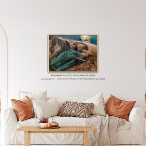 May include: A framed canvas print of a painting depicting two figures in a landscape, with a displayed size of 32 x 24 inches. The artwork features muted tones of blue, green, and brown. The frame style is shown, with framing options available.