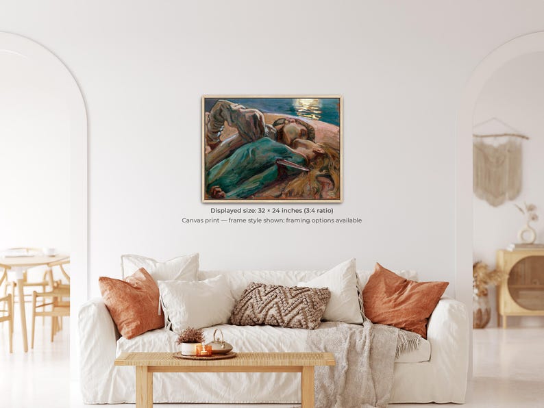 May include: A framed canvas print of a painting depicting two figures in a landscape, with a displayed size of 32 x 24 inches. The artwork features muted tones of blue, green, and brown. The frame style is shown, with framing options available.