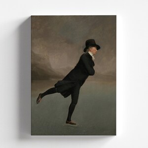 May include: A painting of a man in a black coat and hat ice skating on a frozen lake. The man is wearing a black coat and hat, and he is skating on a frozen lake. The background is a cloudy sky.