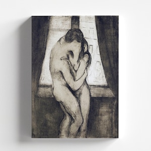 Könnte beinhalten: Monochrome Kunstwerk, das zwei Figuren zeigt, die sich in der Nähe eines Fensters umarmen. Die Figuren sind nackt, ihre Körper in einer zärtlichen Umarmung verschlungen. Das Kunstwerk ist ein Druck mit sichtbarer Textur und Schattierung.