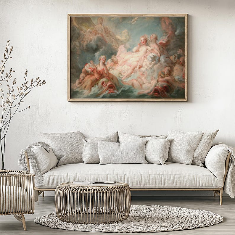 Puede incluir: Una pintura enmarcada que representa a un grupo de figuras en un entorno giratorio y et&eacute;reo. Las figuras est&aacute;n desnudas y parecen flotar sobre nubes, con un cielo lleno de luz y color en el fondo.