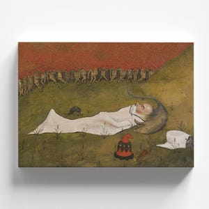 May include: A painting depicting a scene of death. A person lies on a white sheet with a large rat at their feet. A group of small figures march in the background, while a single insect crawls on the ground.