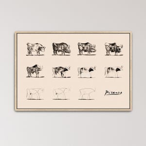 Picasso Bull Canvas Wall Art, Pablo Picasso Evolution of Bull Print, Abstract Animal Canvas Art, Modern Minimalist Wall Decor (A0085) Oak Frame