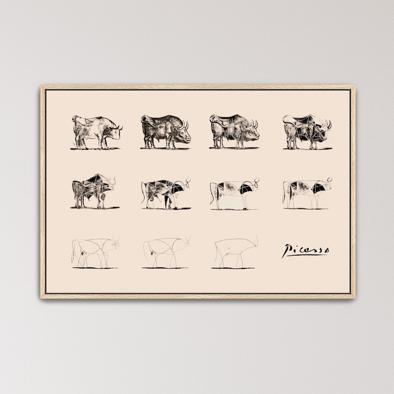 Picasso Bull Canvas Wall Art, Pablo Picasso Evolution of Bull Print, Abstract Animal Canvas Art, Modern Minimalist Wall Decor (A0085) Oak Frame