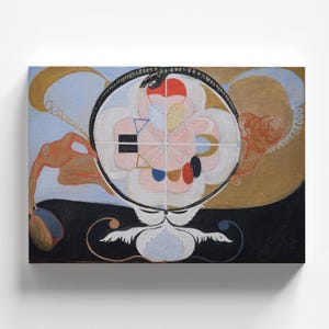 May include: Abstract painting with a black snake forming a circle around a pink and white flower with geometric shapes in the center. The background is a mix of blue, gold, and black.