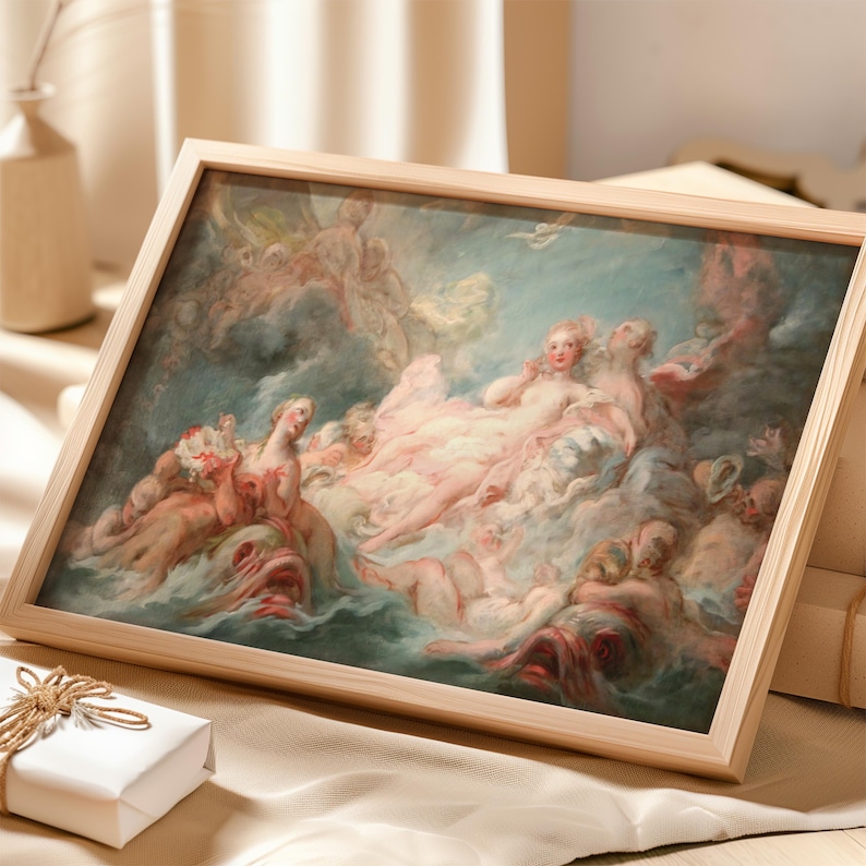 Puede incluir: Una pintura enmarcada que representa una escena de la mitolog&iacute;a griega. La pintura presenta un grupo de figuras, incluida una mujer con el pelo suelto y una corona, rodeada de nubes y agua. La pintura est&aacute; realizada en una paleta de colores suaves y pastel.