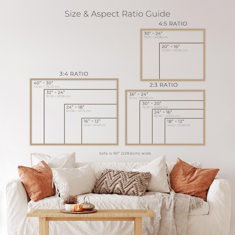 May include: A guide to size and aspect ratios for artwork, with examples of 4:5, 3:4, and 2:3 ratios. The guide includes measurements in inches and centimeters, with a sofa that is 90 inches wide in the foreground.