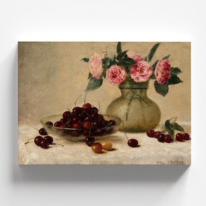 Bowl of Cherries by Joseph Decker 1893 Poster, Vintage Still Life Art Print, Classic American Realism Wall Decor for Kitchen (B3537)