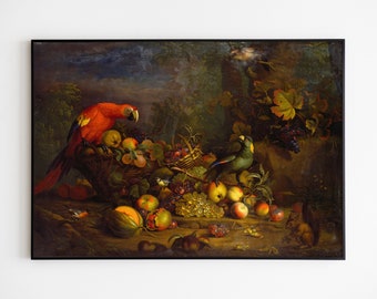 Parrots and Fruit with Other Birds and a Squirrel by Tobias Stranover 1710-24 | Baroque, Still Life, Animal Painting