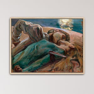 May include: A framed painting depicting a dramatic scene with figures in muted tones. One figure wears a teal garment, a knife piercing their chest. The artwork has a somber mood, with visible brushstrokes and a light-colored frame.
