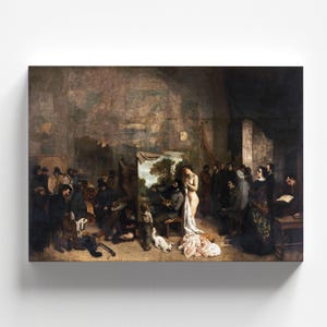 May include: A painting depicting a group of people in a dimly lit room, with a nude model standing in the center. The model is surrounded by artists and observers, some of whom are sketching or painting. The scene is set in an artist's studio, with easels, canvases, and other art supplies visible.