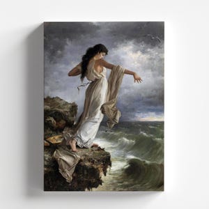 May include: A painting of a woman in a white dress standing on a cliff overlooking a stormy sea. The woman is reaching out with her right hand, as if to grab something.