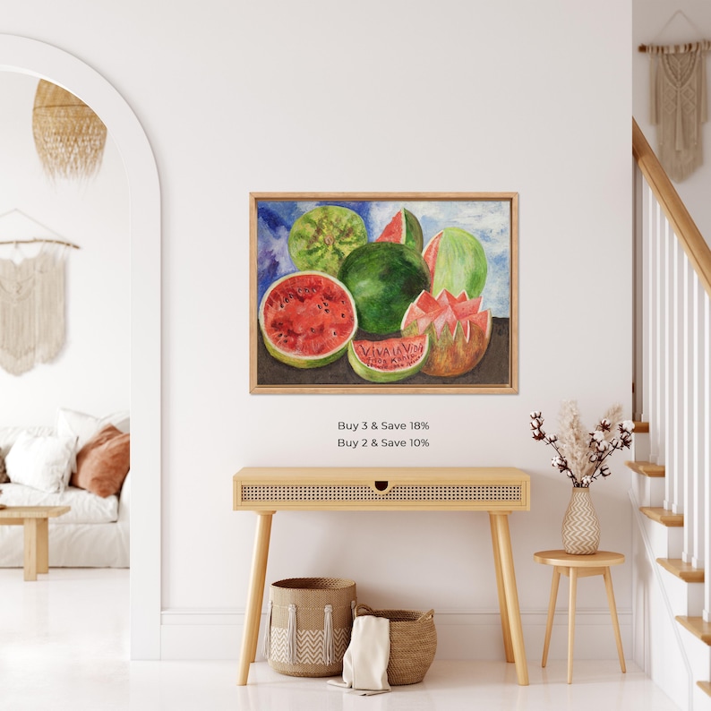 May include: Watercolor painting of watermelons, some whole and others sliced, with red flesh and green rinds. The painting is in a wooden frame. The text "Buy 3 & Save 18%" and "Buy 2 & Save 10%" is below the painting.