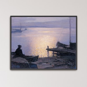 Pôster "Ao Longo do Rio Mystic" de Edward Henry Potthast | Arte Marinha, Pintura de Barco ao Pôr do Sol (B0176)
