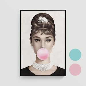 May include: A framed portrait of a woman with dark hair styled in an updo, wearing pearl earrings and a pearl necklace. She has a pink bubble gum bubble in her mouth. The artwork is in black and white with a black frame.