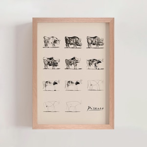 Impression d'affiche de l'évolution du taureau de Pablo Picasso, croquis d'art animalier, dessin d'art de taureau, impression d'art célèbre, décoration murale de galerie moderne (A0084)