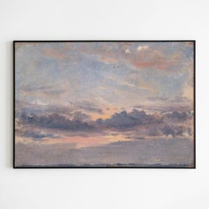 May include: A painting of a sunset over a body of water. The sky is a mix of light blue, pink, and purple, with dark clouds in the middle. The water is a light blue-gray color.