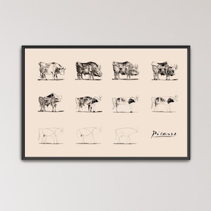 Picasso Bull Canvas Wall Art, Pablo Picasso Evolution of Bull Print, Abstract Animal Canvas Art, Modern Minimalist Wall Decor (A0085) Black Frame