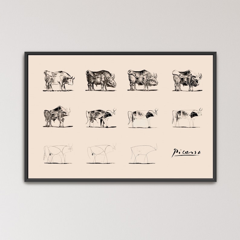 Picasso Bull Canvas Wall Art, Pablo Picasso Evolution of Bull Print, Abstract Animal Canvas Art, Modern Minimalist Wall Decor (A0085) Black Frame