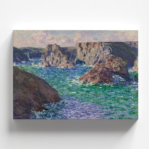May include: A painting of a seascape with rocky cliffs and green water. The sky is a light blue with some clouds. The water is choppy and there are waves crashing against the rocks.