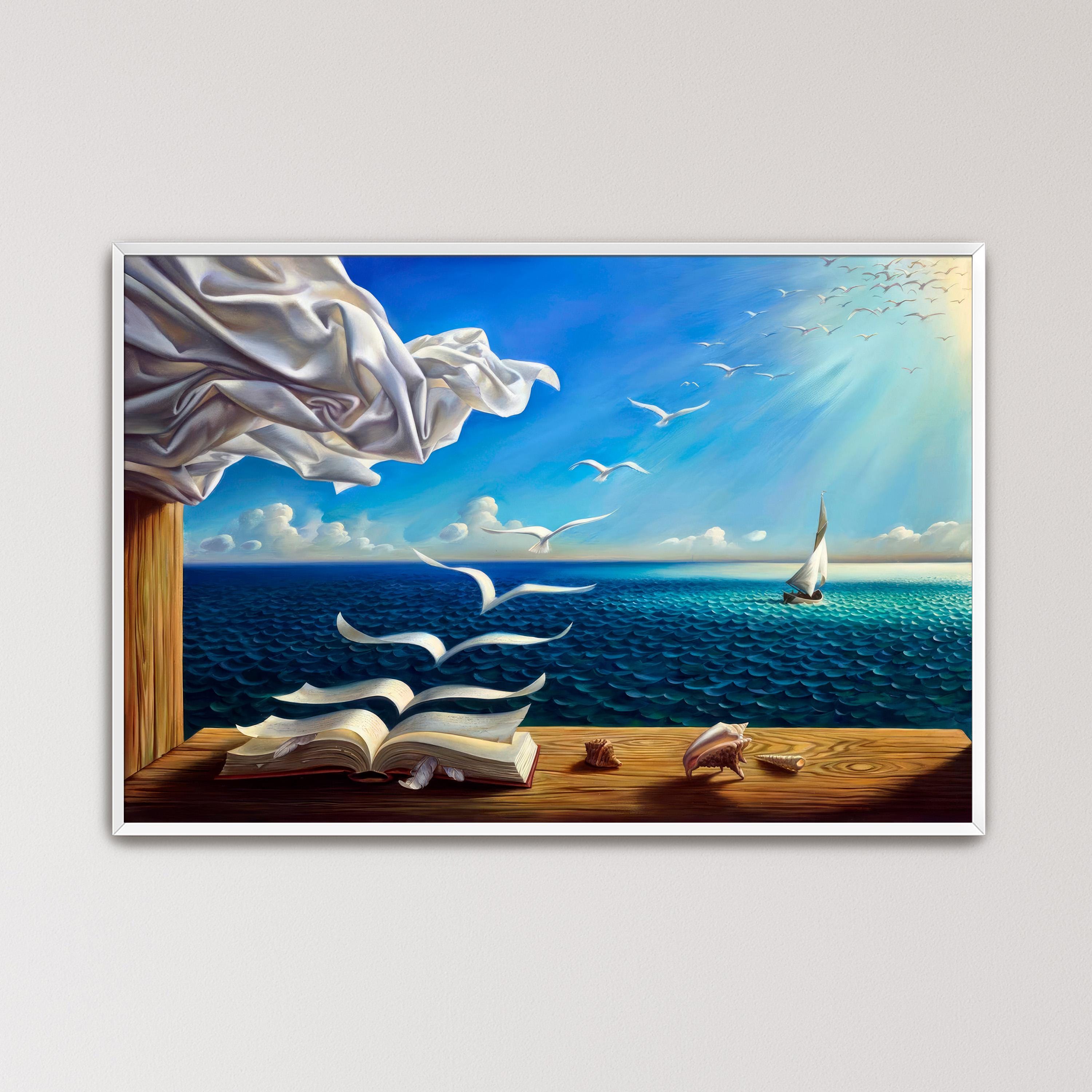 Book Transforming Into Birds Poster, Surreal Seascape Wall Art