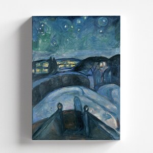 May include: A painting of a snowy landscape at night with a bridge in the foreground. The sky is dark blue with white stars and the trees are silhouetted against the sky. The bridge is made of wood and has a railing. The painting is done in a style that is reminiscent of Edvard Munch.