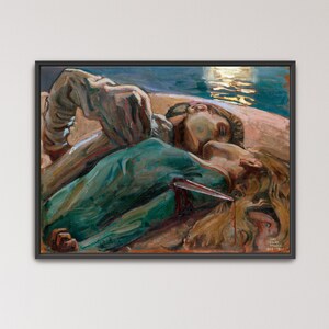 May include: A framed painting depicting a dramatic scene with figures in muted tones of green, brown, and blue. The artwork features a central figure with a blade, suggesting a narrative of conflict or tragedy. The style is reminiscent of early 20th-century expressionism.