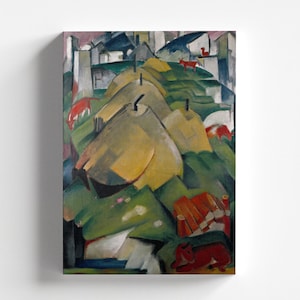 May include: Abstract painting of a landscape with green hills, yellow haystacks, and red cows. The painting is done in a cubist style with geometric shapes and bold colors.