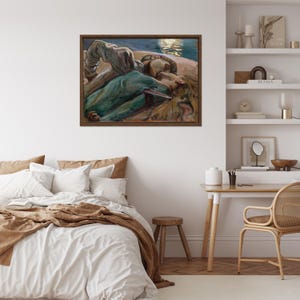 May include: A framed painting depicts two figures in a somber scene. One figure, clad in teal, lies with a blade. The other, in muted tones, leans over. The background suggests a moonlit setting, with a dark brown frame.